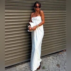 Zara Knotted Striped Dress Midi Linen Blend Strapless Size Small